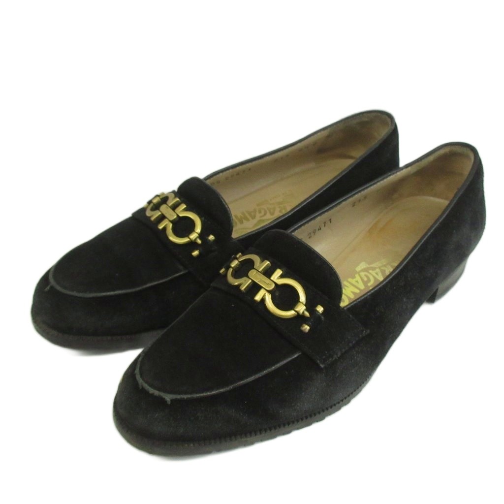 【中古】サルヴァトーレフェラガモ Salvatore Ferragamo ビットローファー スエードクロス ガンチーニ ゴールド金具 6.5 23.5糎 黒 黒いこと /XZ ■GY11 レディース 【ベクター 古着】 260530
