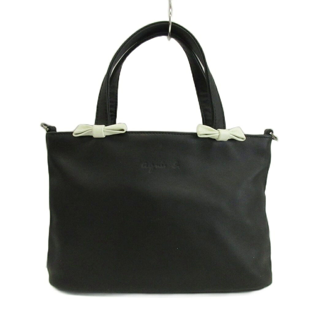 【中古】アニエスベー agnes b. ハンドバック 肩部 2WAY 羊革 なめし革 シュロの葉 ロゴタイプ 黒 黒いこと /XZ ■GY18 レディース 【ベクター 古着】 260530