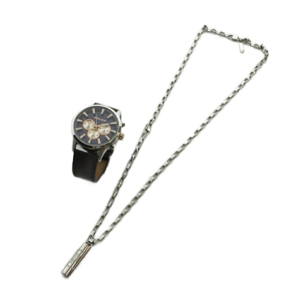 【中古】ポリス POLICE 腕時計 ネックレス セット ウォッチ クォーツ クロノグラフ レザーベルト シルバー色 ■GY18 /MQ メンズ 【ベクトル 古着】 260526｜ブランド古着の買取販売ベクトル