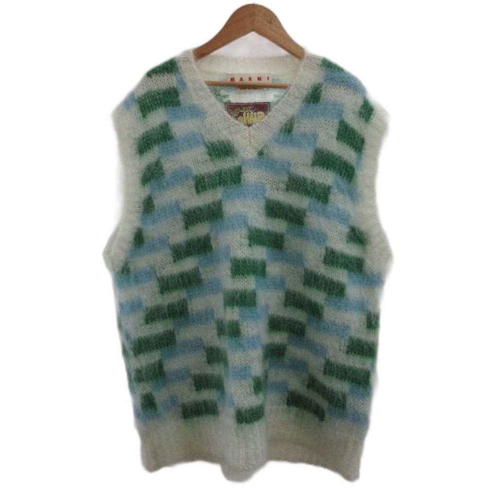 【中古】マルニ MARNI Vのど首 スウェーター より良い 編み物 モヘヤ 編み物 50 緑 緑であること 白 白いこと 読み合わせる柄 ノースリーブ CVMG0093Q0-UFU156 /PP ■GY12 メンズ 【ベクター 古着】 260603