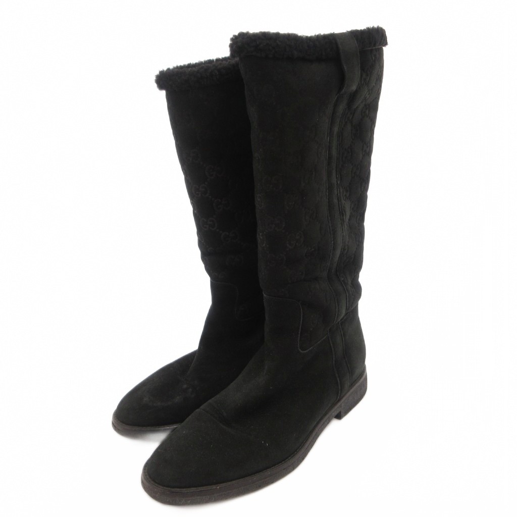 【中古】グッチ GUCCI ロングブーツ ムートン スエード GG柄 ボア 36.5 黒 ブラック /FF ■GY11 レディース 【ベクトル 古着】 260611|ブランド古着の買取販売ベクトル