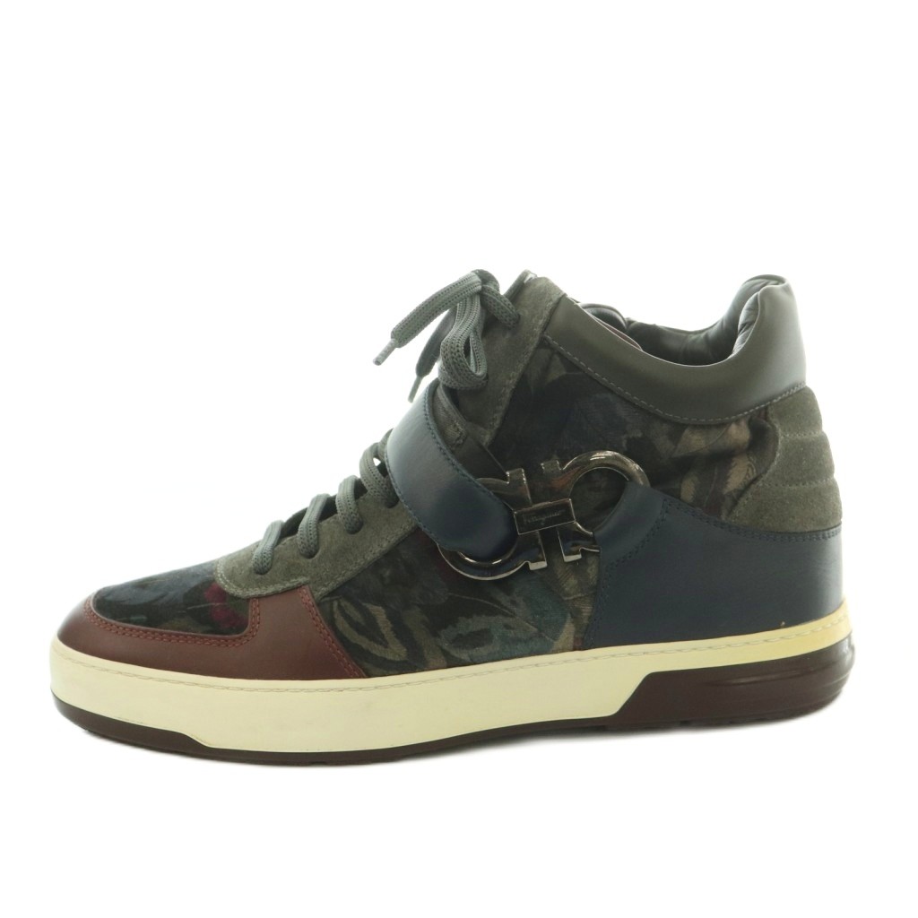 【中古】サルヴァトーレフェラガモ Salvatore Ferragamo ハイカットスニーカー 天鵞絨 なめし革 総柄 ガンチーニ金具 8 26.0糎 薄墨色 ボルドーワイン /MI ■GY11 メンズ 【ベクター 古着】 260527