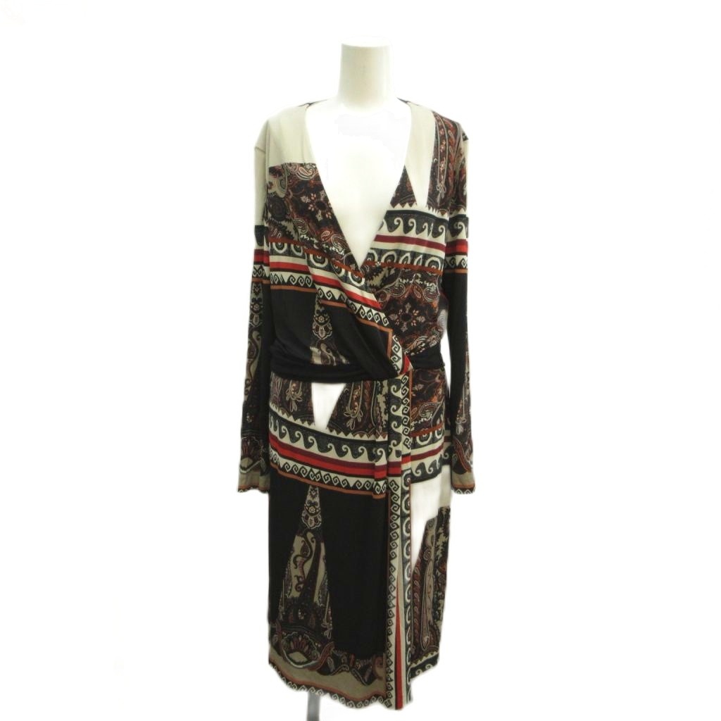【中古】エトロ ETRO ロングワンピース 総柄 カシュクール 42 黒 ブラック 白 オフホワイト 赤 レッド ペイズリー柄 Vネック 長袖 マルチカラー /YU ■GY19 レディース 【ベクトル 古着】 260619|ブランド古着の買取販売ベクトル