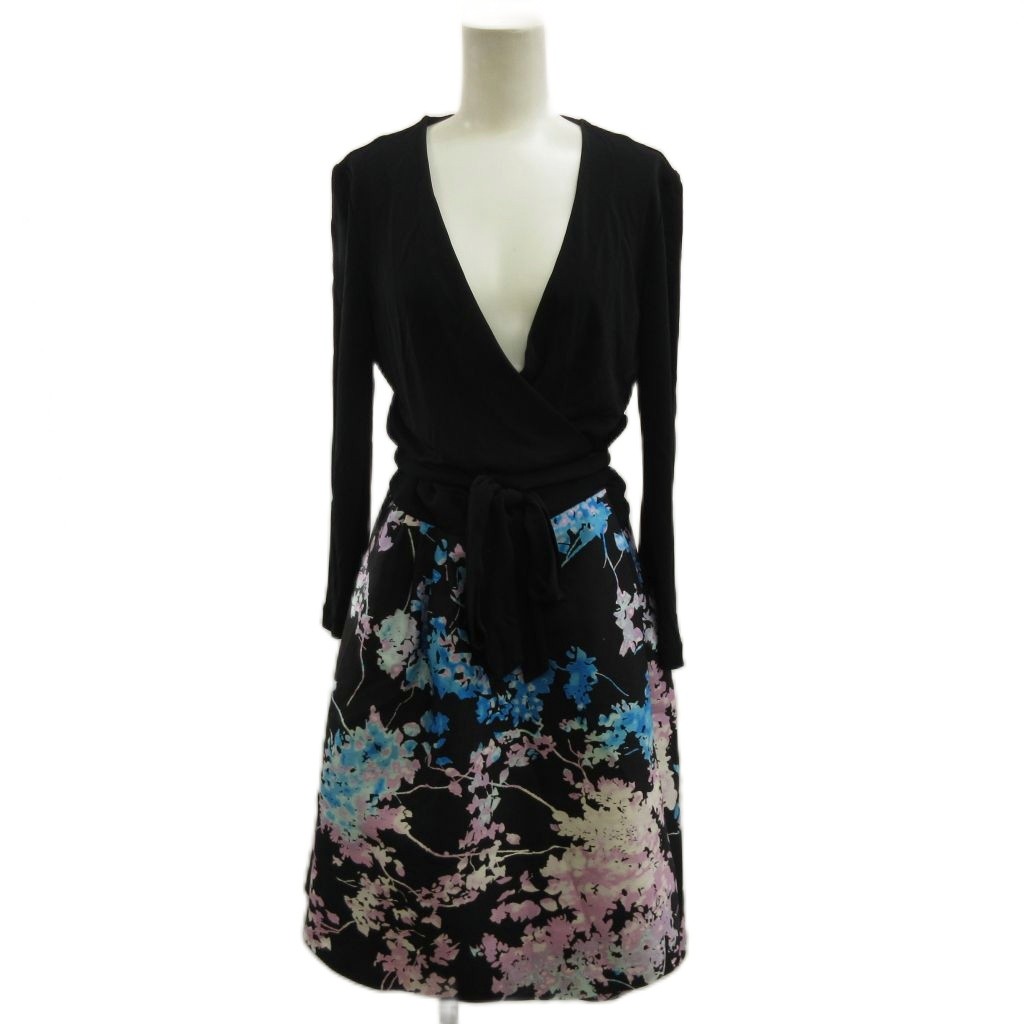 【中古】ダイアンフォンファステンバーグ DIANE von FURSTENBERG ラップワンピース 8 黒 ブラック 紫 パープル 青 ブルー 総柄 Vネック 長袖 /SH ■GY06 レディース 【ベクトル 古着】 260707|ブランド古着の買取販売ベクトル
