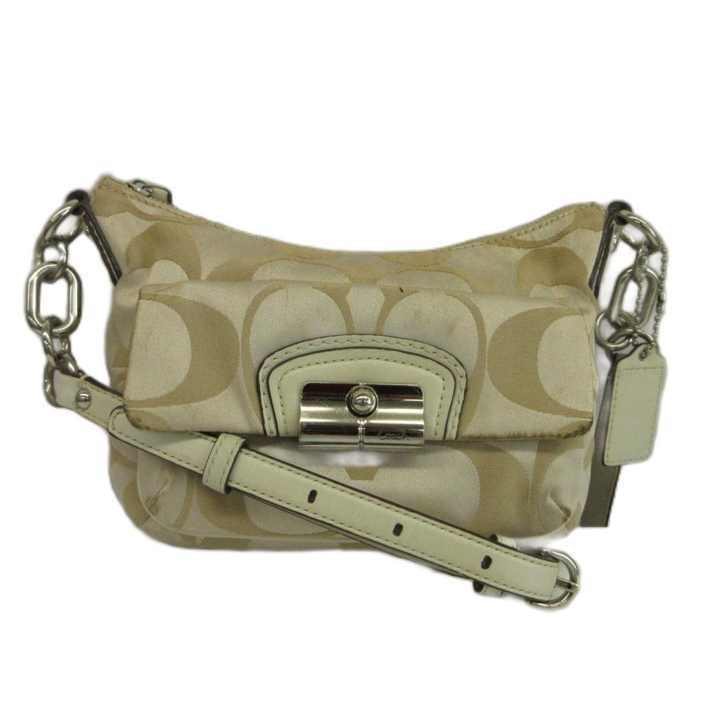 【中古】コーチ COACH ショルダーバッグ キャンバス レザー シグネチャー 総柄 ロゴ シルバー金具 ベージュ 14902 /XZ ■GY64 レディース 【ベクトル 古着】 260715｜ブランド古着の買取販売ベクトル