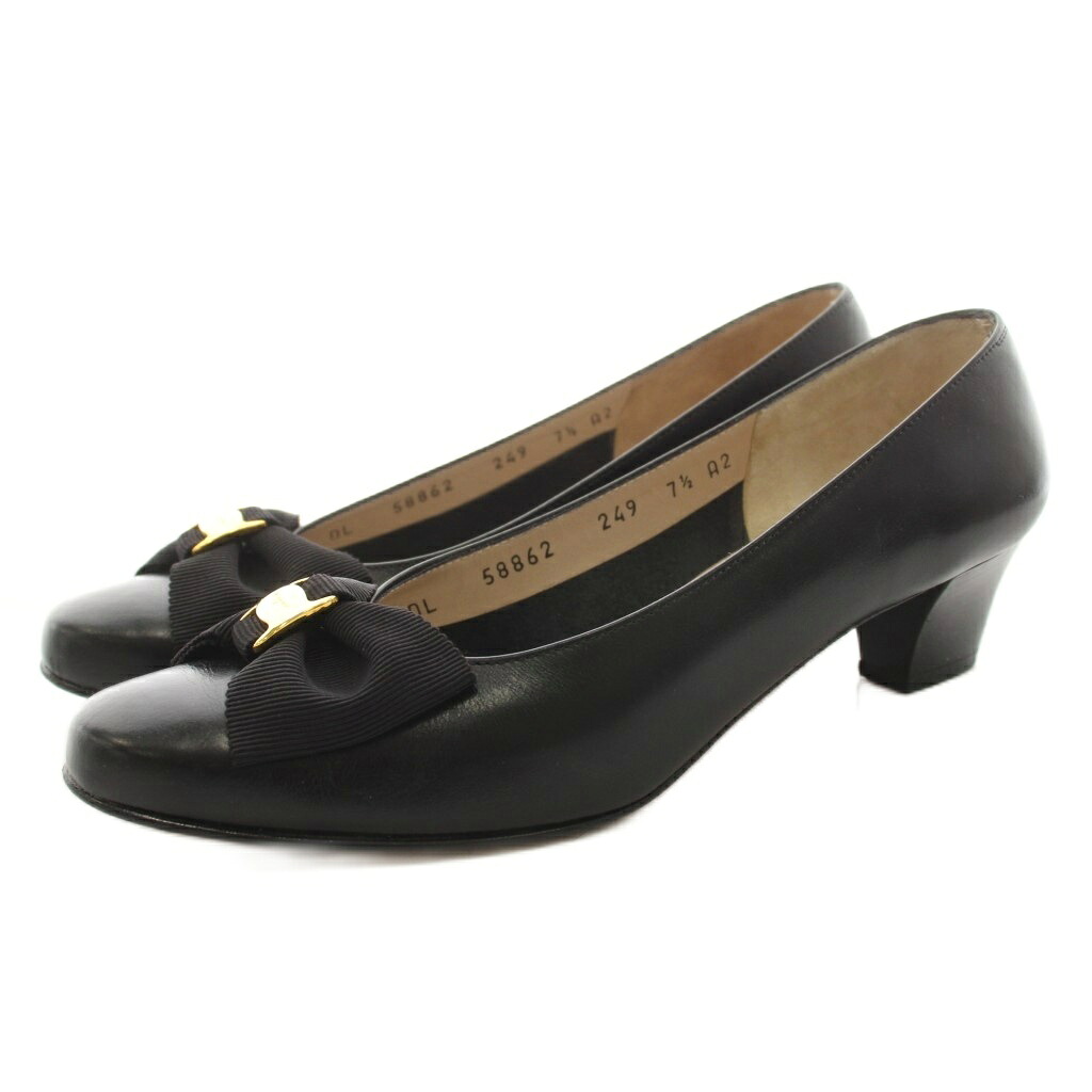【中古】サルヴァトーレフェラガモ Salvatore Ferragamo ヴァラ パンプス レザー チャンキーヒール 7.5 黒 ブラック 58862 /KU ■GY18 レディース 【ベクトル 古着】 260714｜ブランド古着の買取販売ベクトル