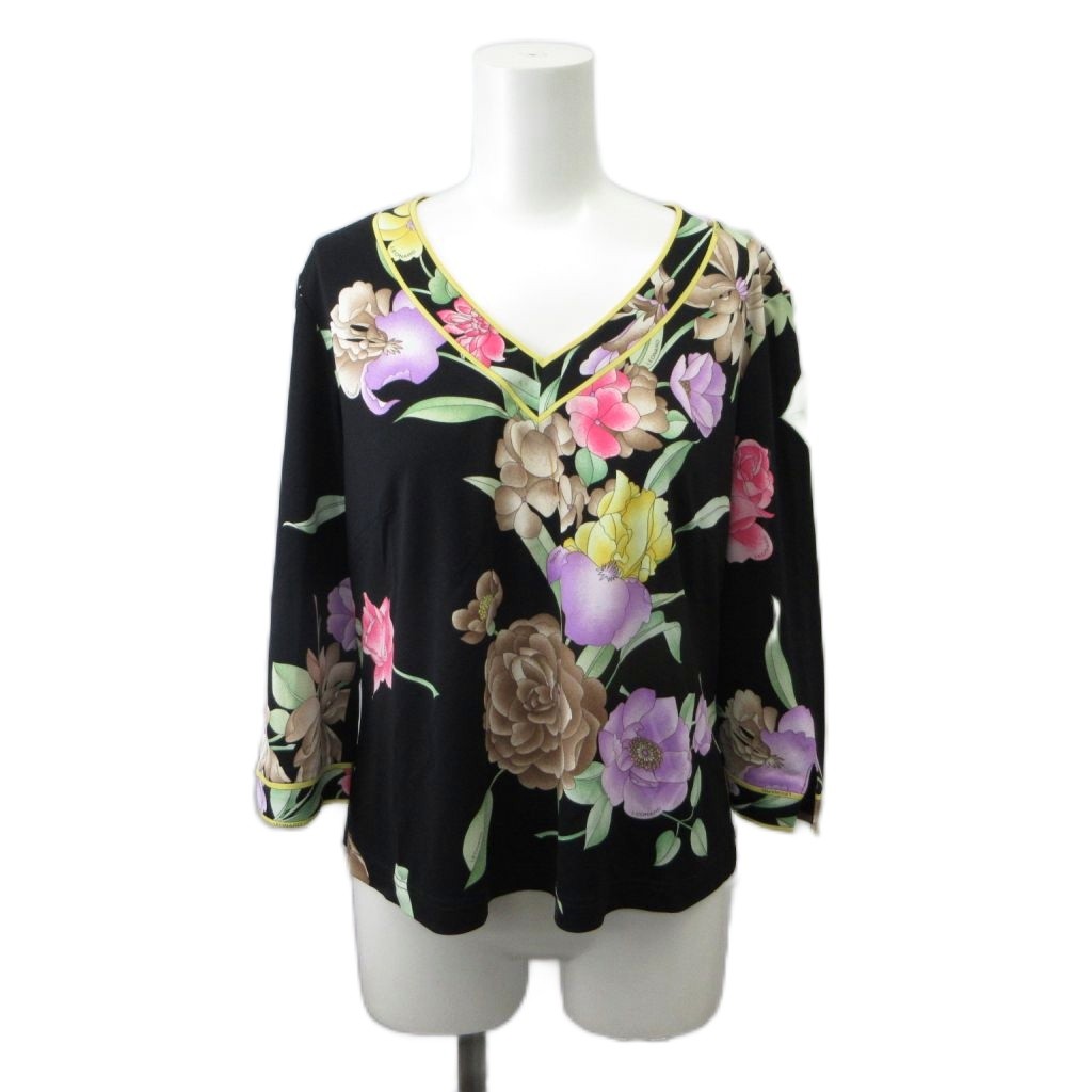 【中古】レオナール LEONARD カットソー LL 黒 ブラック マルチカラー 花柄 Vネック 七分袖 Tシャツ /PP ■GY4 レディース 【ベクトル 古着】 260709｜ブランド古着の買取販売ベクトル