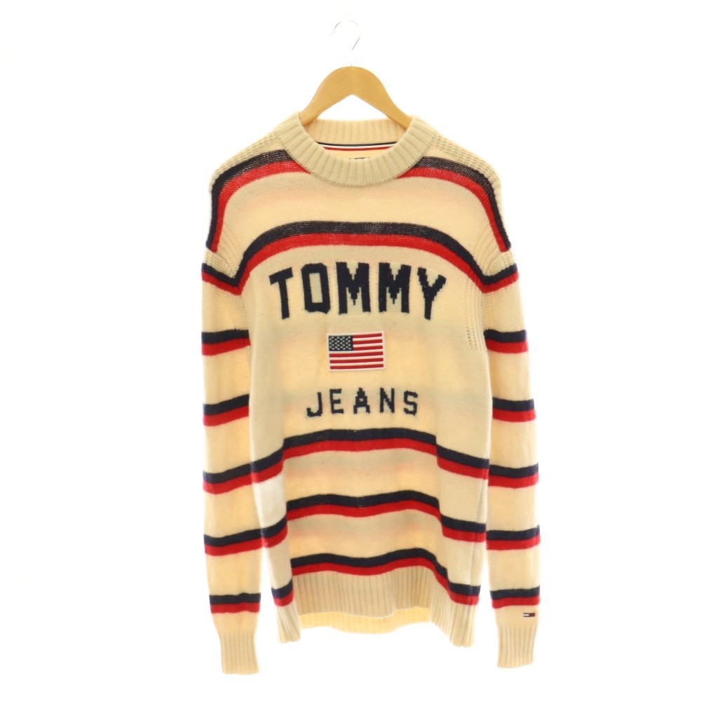 【中古】トミージーンズ TOMMY JEANS ニット セーター ボーダー ロゴ 星条旗 M アイボリー マルチカラー /DF ■GY01 メンズ 【ベクトル 古着】 260715｜ブランド古着の買取販売ベクトル