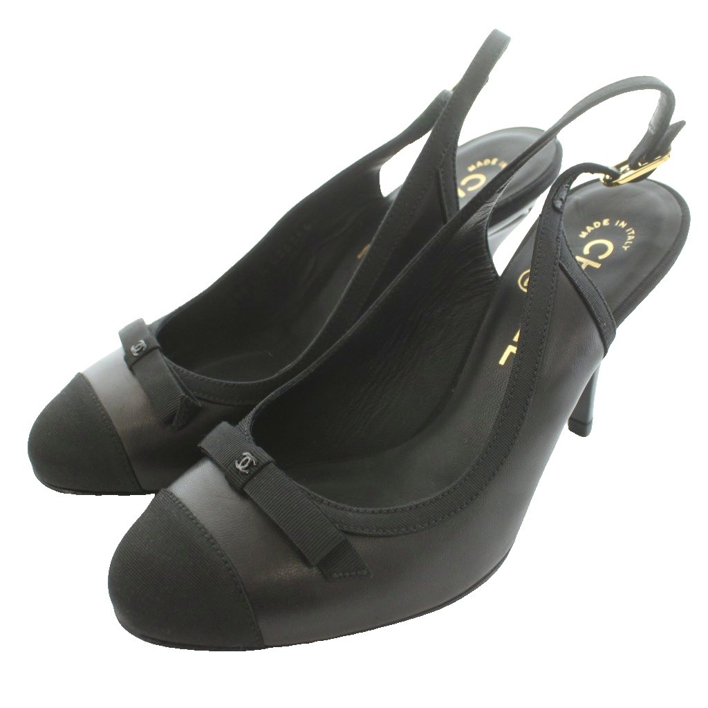 【中古】シャネル CHANEL スリングバックパンプス ストラップ ピンヒール レザー リボン ココマーク ロゴ 35.5 黒 ブラック /SS ■OS ■GY17 レディース 【ベクトル 古着】 260717|ブランド古着の買取販売ベクトル