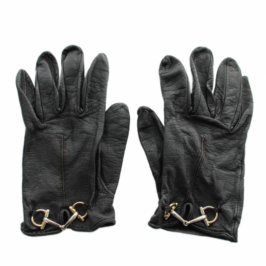 【中古】グッチ GUCCI グローブ 地球儀 5本指 なめし革 導管ビット ゴールド金具 黒 黒いこと /XZ ■OH ■GY19 レディース 【ベクター 古着】 260218