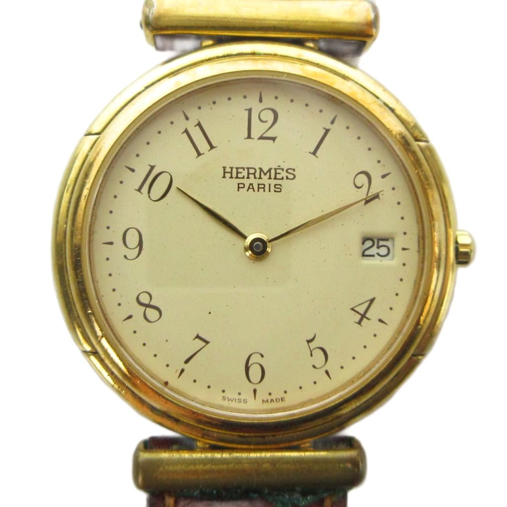 【中古】エルメス HERMES 50040 ウオッチ 御覧になる 石英 デイト 暦付き添い人 ラウンド なめし革三尺帯 ■ゴールド色 GY18 /MQ ■OH メンズ 【ベクター 古着】 260428