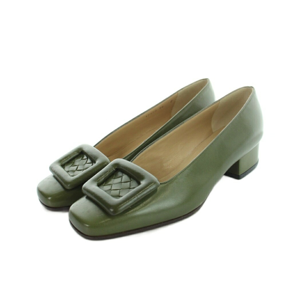 【中古】ボッテガヴェネタ BOTTEGA VENETA パンプス スクエアトゥ イントレチャート なめし革 ロゴタイプ 36 23.5糎 緑 緑であること ■GY18 /MQ レディース 【ベクター 古着】 260406