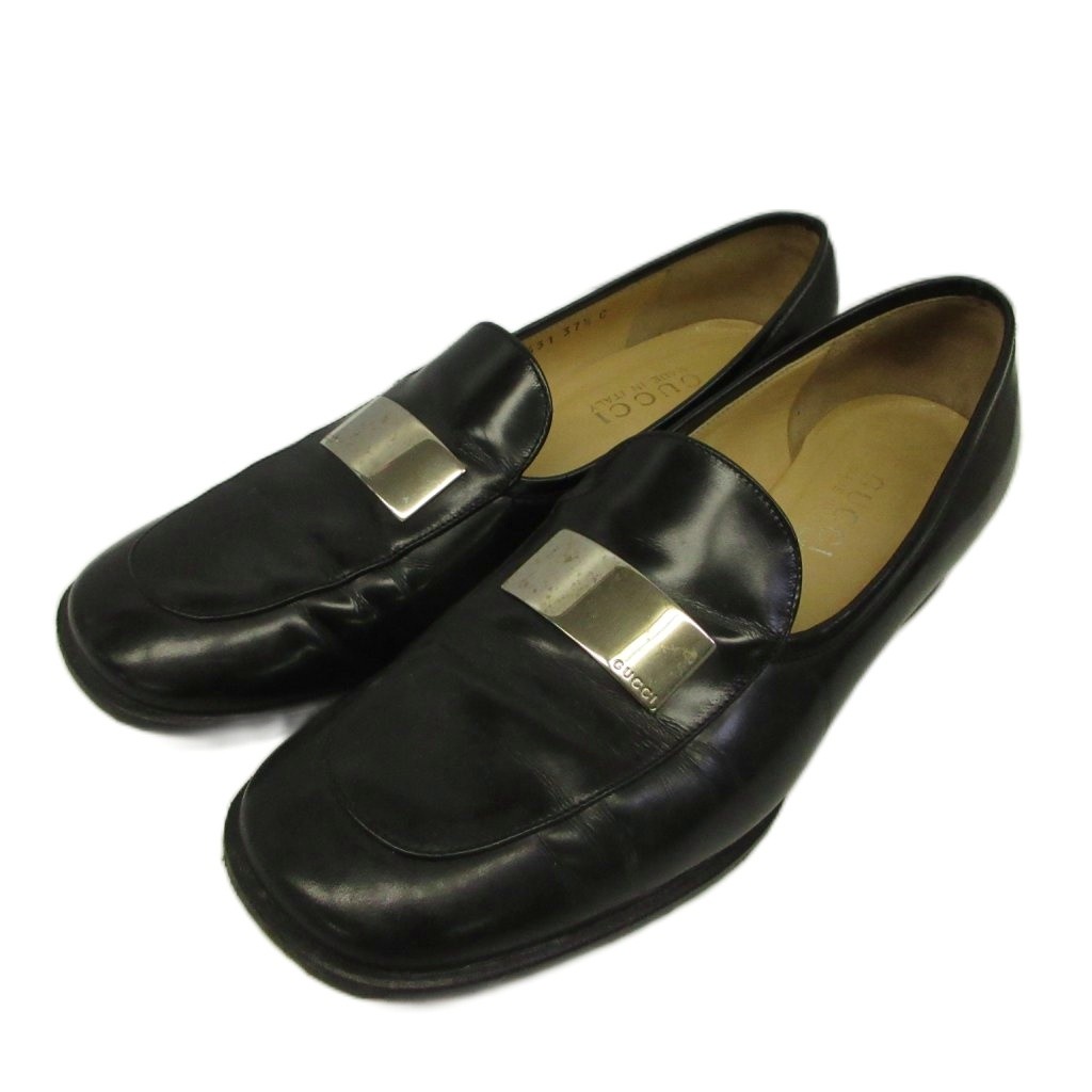 【中古】グッチ GUCCI ローファー 革靴 牛革 レザー スクエアトゥ ロゴプレート シルバー金具 37.5 24.5cm 黒 ブラック /XZ ■GY18 レディース 【ベクトル 古着】 260426｜ブランド古着の買取販売ベクトル