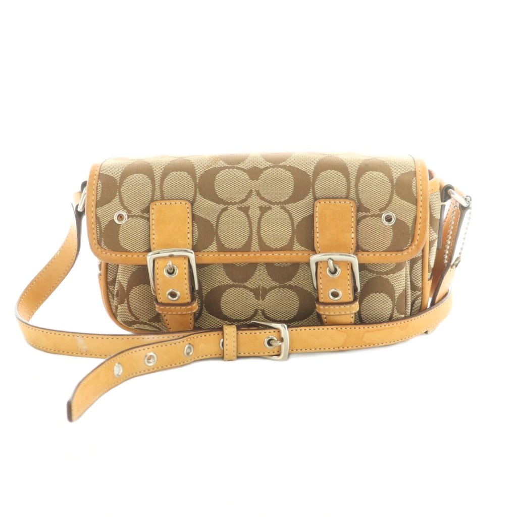 【中古】コーチ職 COACH ショルダーバッグ 帆布 なめし革うつり変わり 書き判柄 ベージュ 6844 /MI ■GY18 レディース 【ベクター 古着】 260422