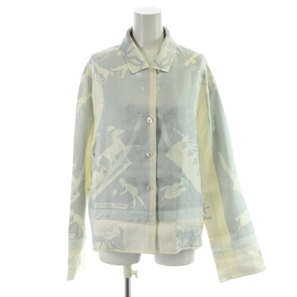 【中古】エルメス HERMES マルジェラ期 プルオーバー 長袖 絹地 荷馬車 影絵 総柄 42 白 白いこと 青 青色 /MW ■GY18 レディース 【ベクター 古着】 260426