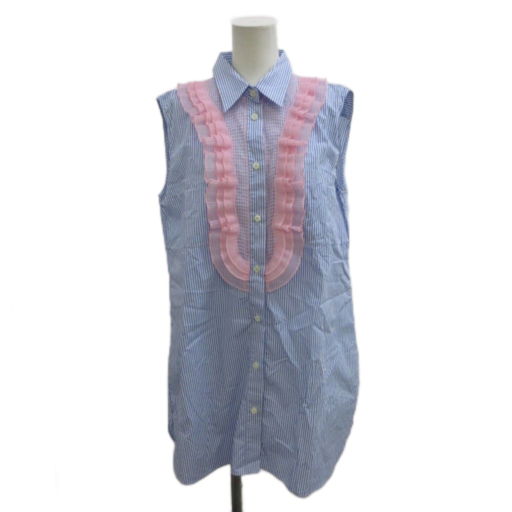 【中古】プラダ PRADA ティーシャツ トップ 44 青 青碧 サクラ色 縞模様柄 ノースリーブ フラウンス /PP ■GY19 レディース 【ベクター 古着】 260521