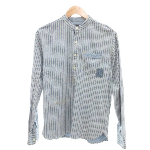【中古】ダブルアールエル RRL リペア ヘンリーネック バンドカラーシャツ 麻 リネン ストライプ 長袖 XS 青 ブルー /UO メンズ 【ベクトル 古着】 251001|ブランド古着の買取販売ベクトル