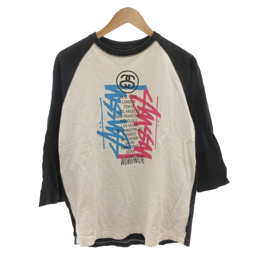 【中古】ステューシー STUSSY 00s Y2K ラグランティーシャツ カットソー 七分袖 世界周遊旅行 ロゴタイプ刷り上げる M 白いこと 黒 黒いこと /FF メンズ 【ベクター 古着】 251226