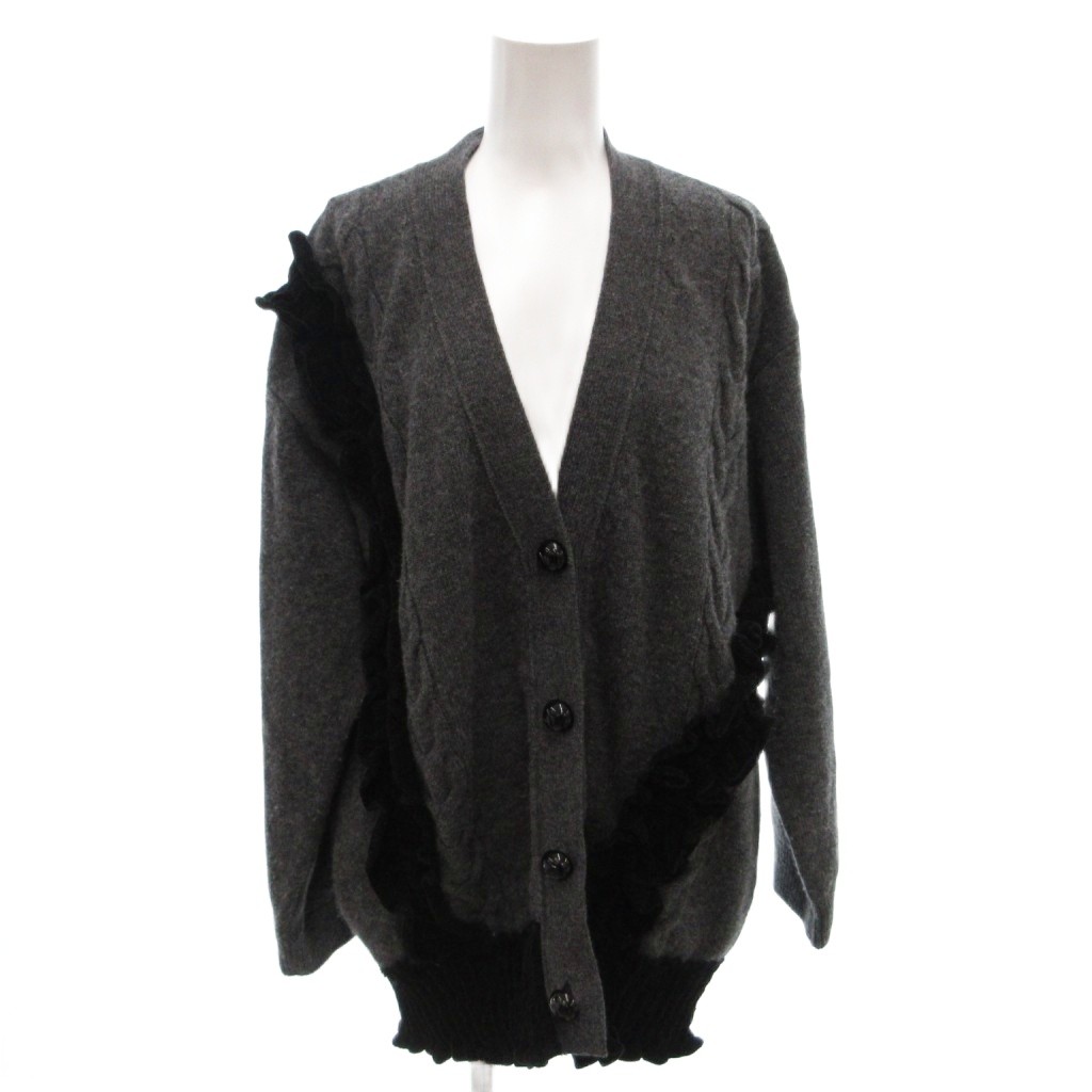 【中古】ATELIER LUCKY CHOUETTE Velvet Frill V-Neck Cardigan カーディガン ニット ケーブル ロゴ刺繍 厚手 バイカラー F グレー 黒 ブラック /FF レディース 【ベクトル 古着】 260224