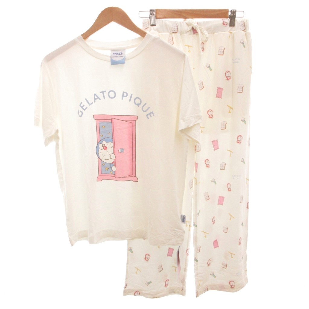 【中古】未使用品 ジェラートピケ gelato pique タグ付き 25AW ドラえもん セットアップ ワンポイントTシャツ 総柄 ロングパンツ ルームウェア パジャマ F 白 ホワイト /FF レディース 【ベクトル 古着】 260318