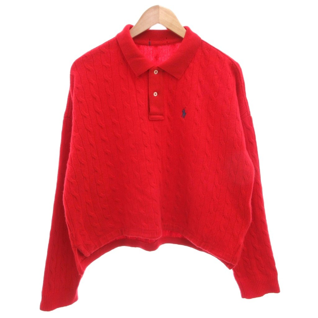 【中古】ラルフローレン RALPH LAUREN スポーツシャツ 有線テレビ編み物 長袖 短丈 ロゴタイプ刺しゅう  羊毛 カシミール混 赤 赤いこと /FF メンズ 【ベクター 古着】 260512