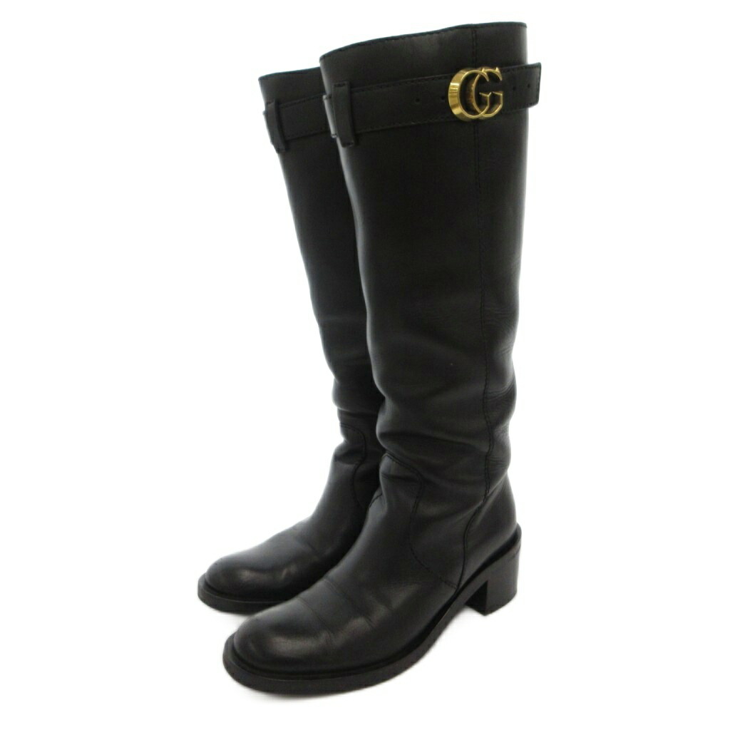【中古】グッチ GUCCI ロングブーツ チャンキーヒール 三尺帯 GG目じるし 金具 カーフレザー 36 黒 黒いこと 246627 /FF レディース 【ベクター 古着】 260517