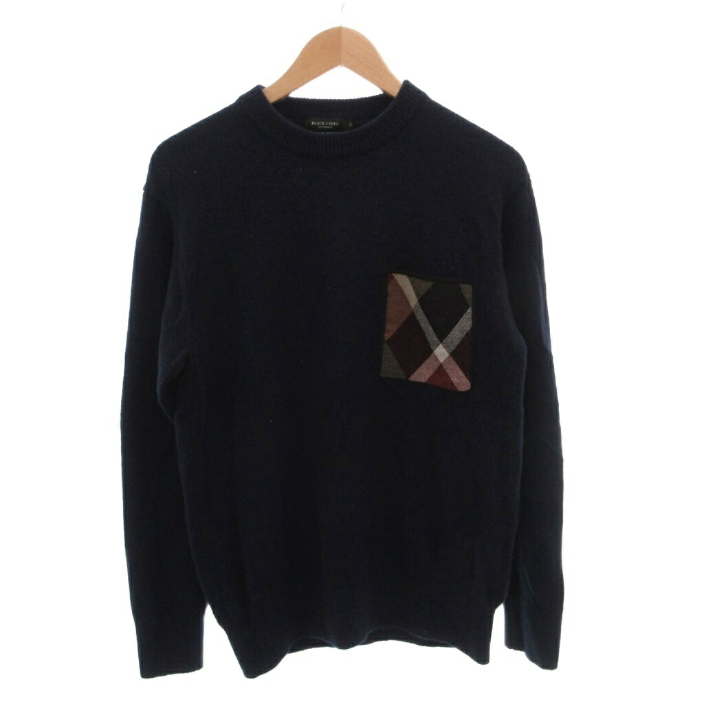 【中古】ブラックレーベルクレストブリッジ BLACK LABEL CRESTBRIDGE 編み物 ティーシャツ 長袖 胸隠し 読み合わせる柄 労働者の一団のど首 羊毛 M 紺 /FF メンズ 【ベクター 古着】 260525