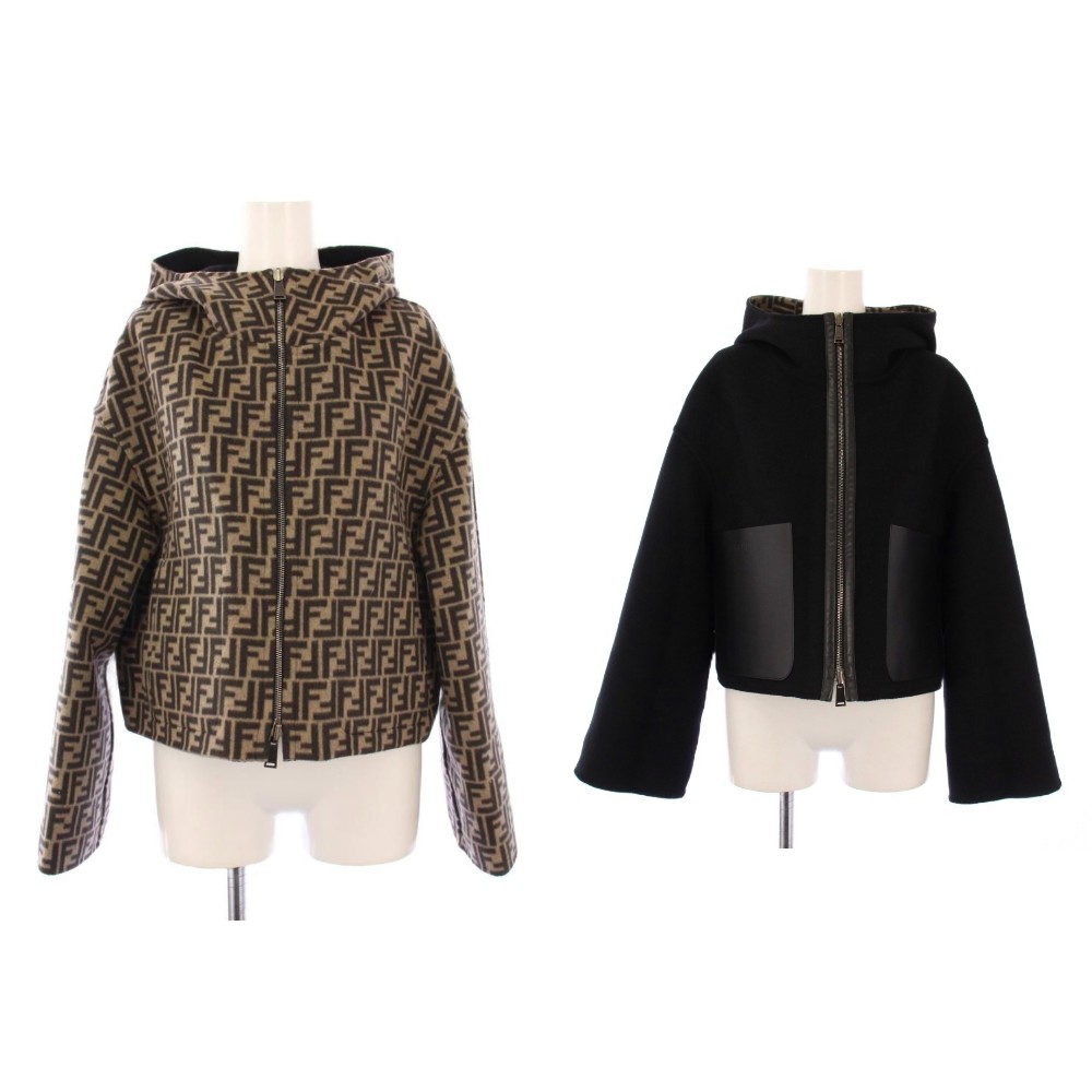 【中古】フェンディ FENDI FFロゴリ バーシブル クロップドジャケット フーディ アウター 38 黒 ベージュ FJ6993A5固定ディスク /KH レディース 【ベクター 古着】 251216