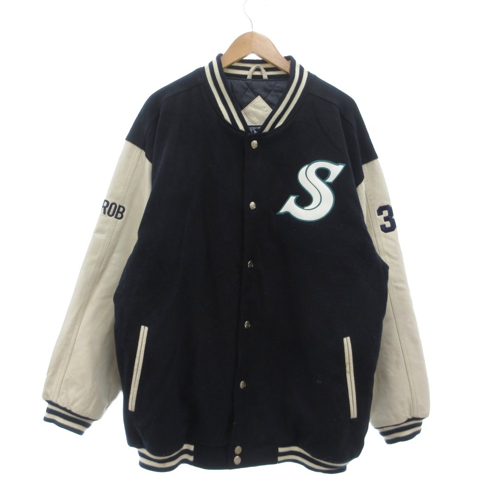 【中古】インドア オリジナル INDOOR ORIGINAL スタジャン ジャンパー ブルゾン 2XL レザー 裏地キルティング 紺 ネイビー 白 ホワイト /NU ■GY06 メンズ 【ベクトル 古着】 260303