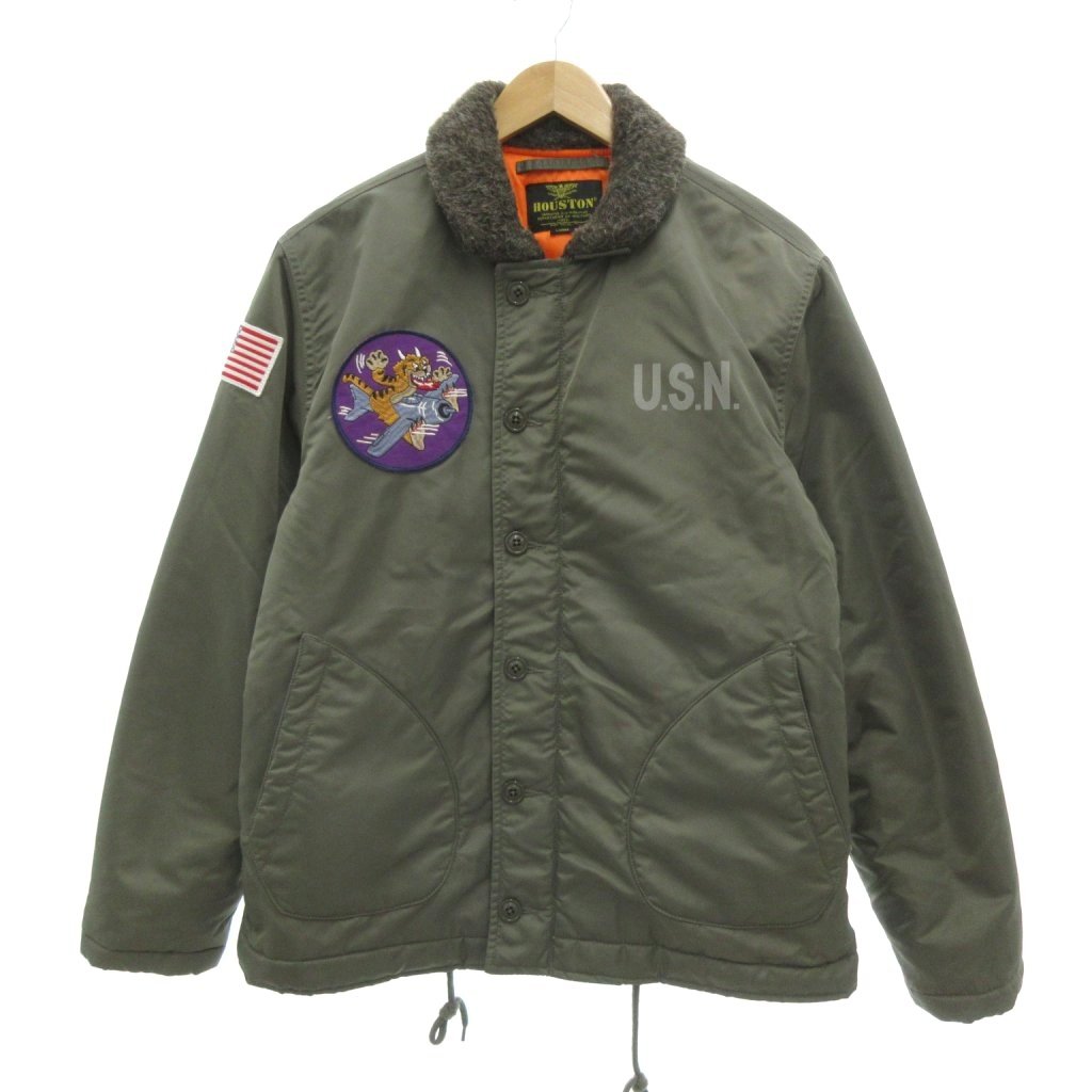 【中古】ヒューストン HOUSTON N-1 デッキジャケット 中綿 ナイロン ワッペン L カーキ 50913 /UO メンズ 【ベクトル 古着】 260225