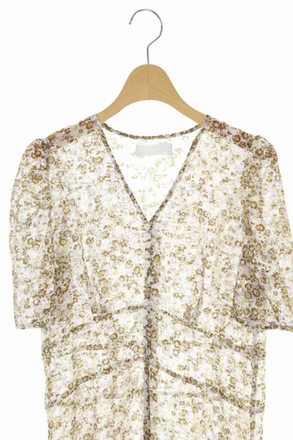 中古 セルフォード Celford ss 花柄 半袖 ロングワンピース ロング 半袖 パフスリーブ Vネック フレア 36 茶 紫 白 ブラウン ラベンダー ホワイト Es Os レディース ベクトル 古着 Vmaphotographystudios Com