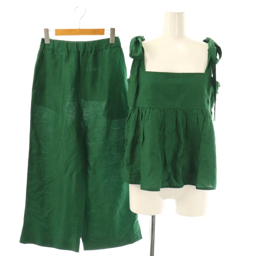 【中古】マイラン MYLAN Shine Linen Shoulder Ribbon Blouse×Shine Linen Slim Pants セットアップ キャミブラウス ワイドパンツ S F グリーン ピンク /ES ■OS レディース 【ベクトル 古着】 250916
