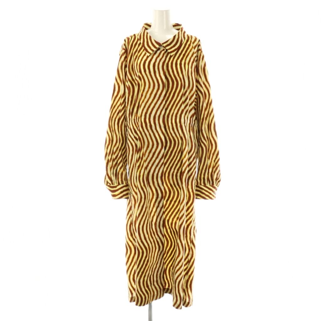 【中古】ドリスヴァンノッテン DRIES VAN NOTEN Len Lye 総柄 シャツワンピース 長袖 ロング コットン 38 オフホワイト 黄色 茶 /NR ■OS レディース 【ベクトル 古着】 251103