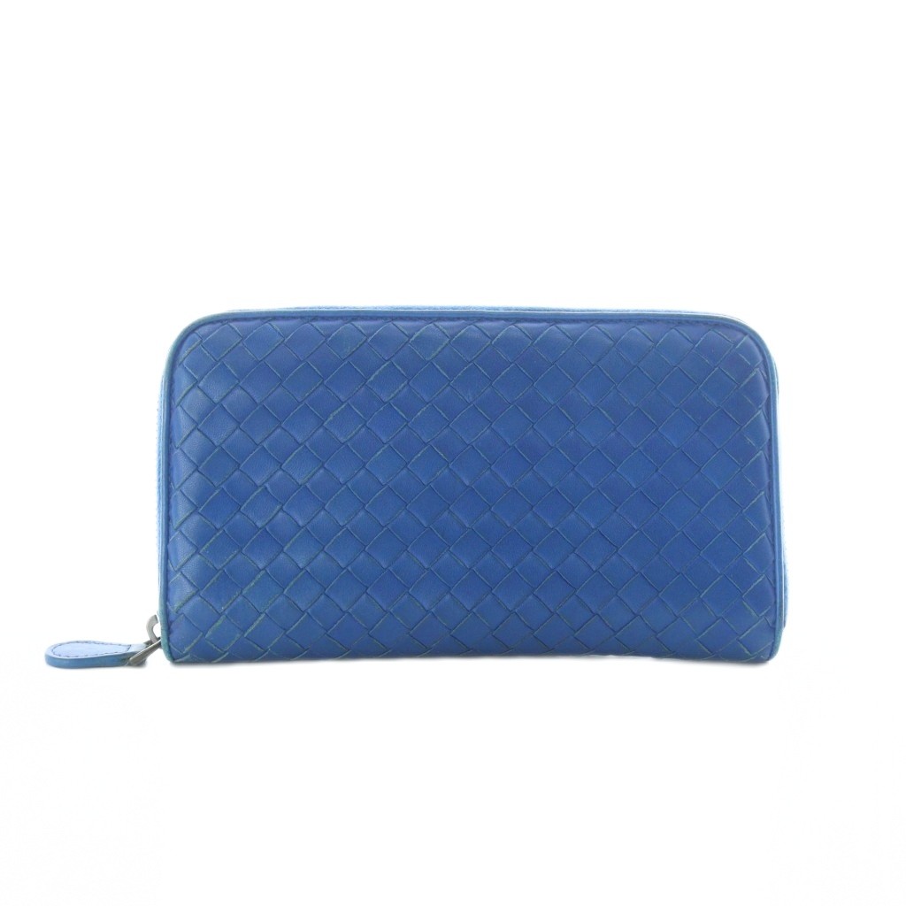 【中古】ボッテガヴェネタ BOTTEGA VENETA 長銭入れ なめし革 御釣り入れ ラウンドチャック イントレチャート 青 編み込み /RI ■os メンズ 【ベクター 古着】 251223