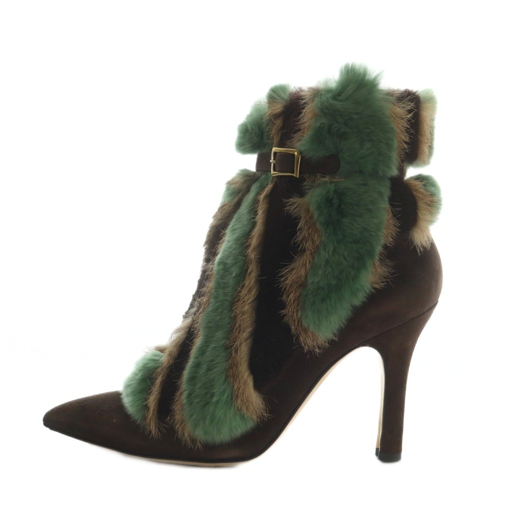 【中古】マノロブラニク MANOLO BLAHNIK ショートブーツ ポインテッドトゥ スエード ファー 39 26.0cm 茶 緑 318-0212-0001 /MI ■OS レディース 【ベクトル 古着】 260105