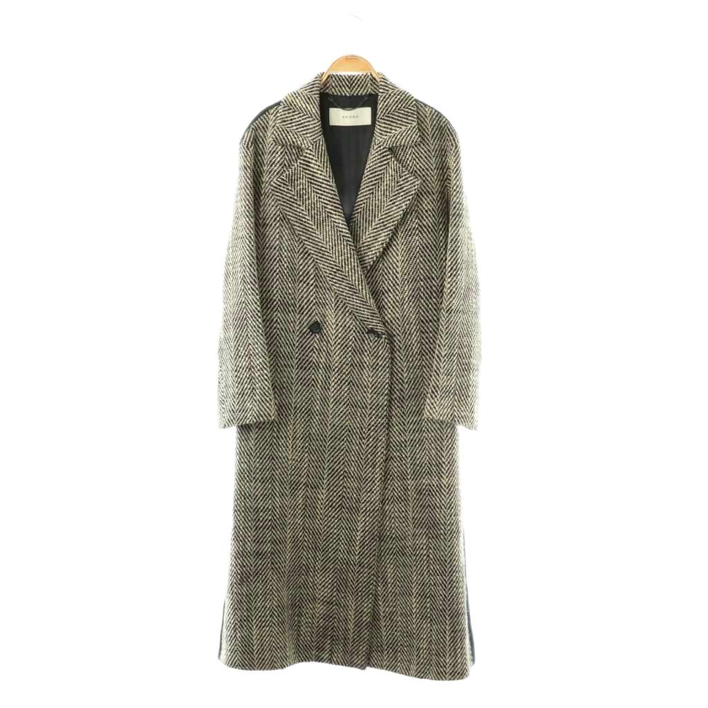 【中古】アドーア ADORE ヘリンボーン切替 ロングコート ダブル 38 ブラック ホワイト /HK ■OS レディース 【ベクトル 古着】 260128