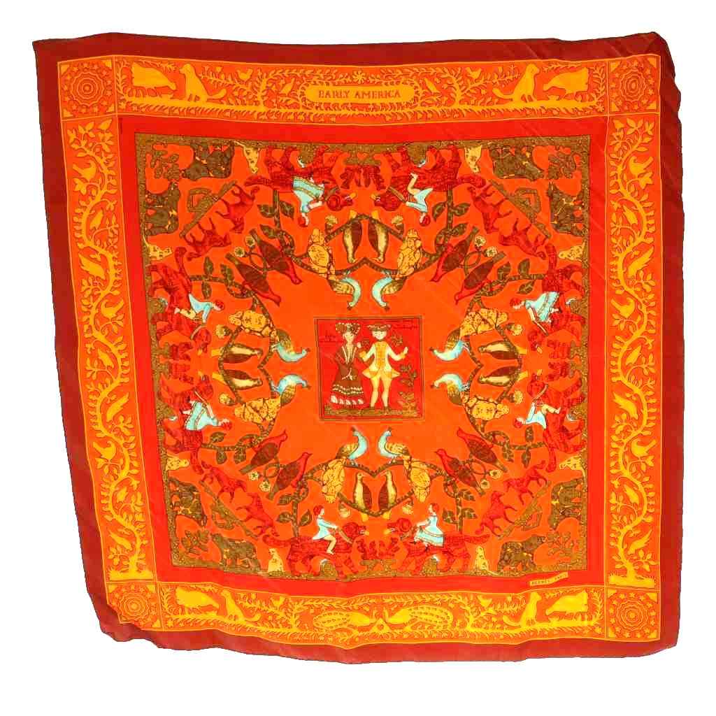 【中古】エルメス HERMES 古き良き亜米利加 EARLY AMERICA 地絹大判袈裟 マルチ色つや オレンジ色 ボルドーワイン /SS ■os ■OH レディース 【ベクター 古着】 260319