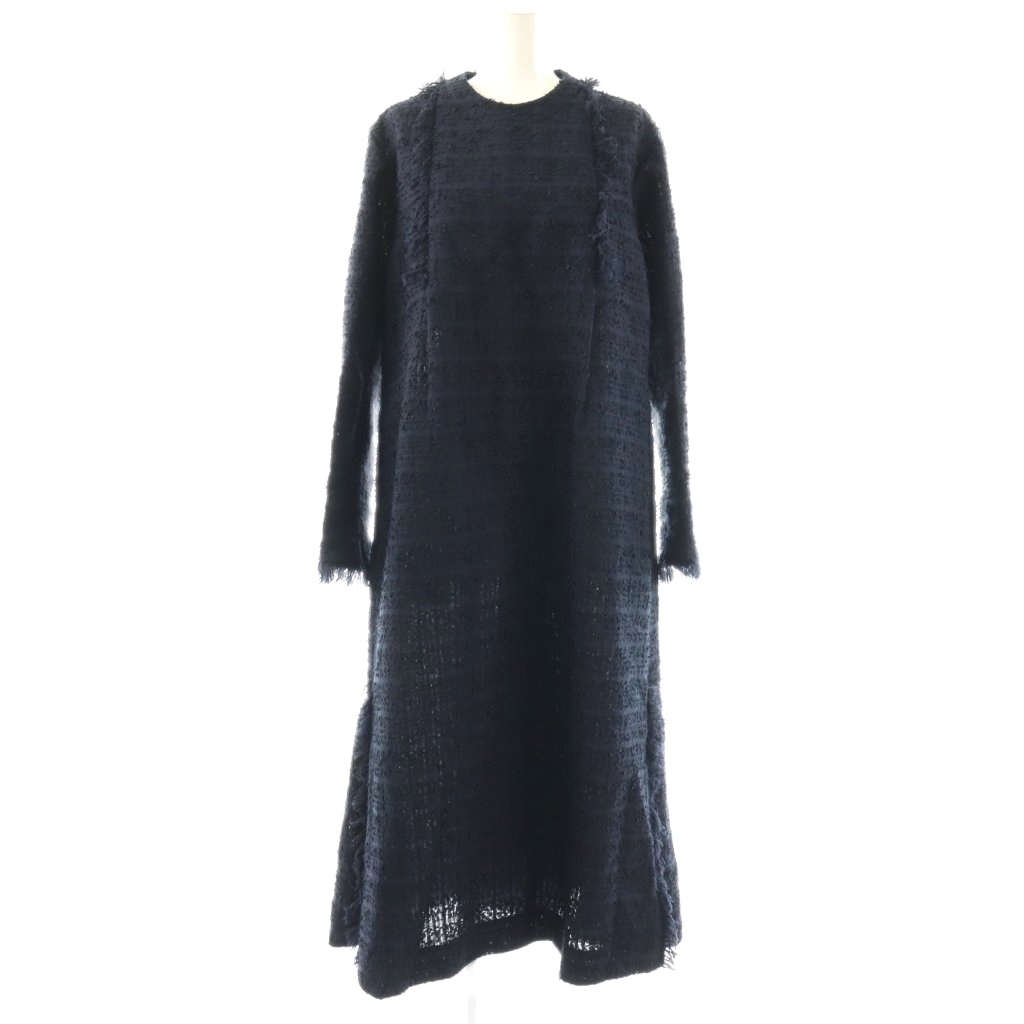 【中古】イッセイミヤケ ISSEY MIYAKE ハート ツイード タックロングワンピース 長袖 ロング 2 紺 /NR ■OS レディース 【ベクトル 古着】 260328