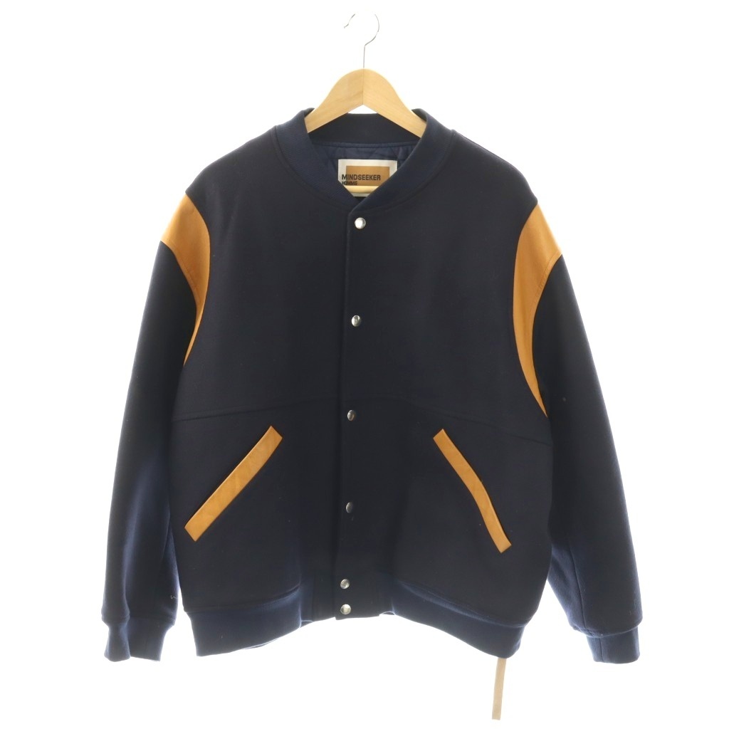 【中古】マインドシーカー MINDSEEKER HOMME メルトン×なめし革上衣 スタジャン 中綿 46 ダークネイビー 駱駝 /ES ■os ■SH メンズ 【ベクター 古着】 260413