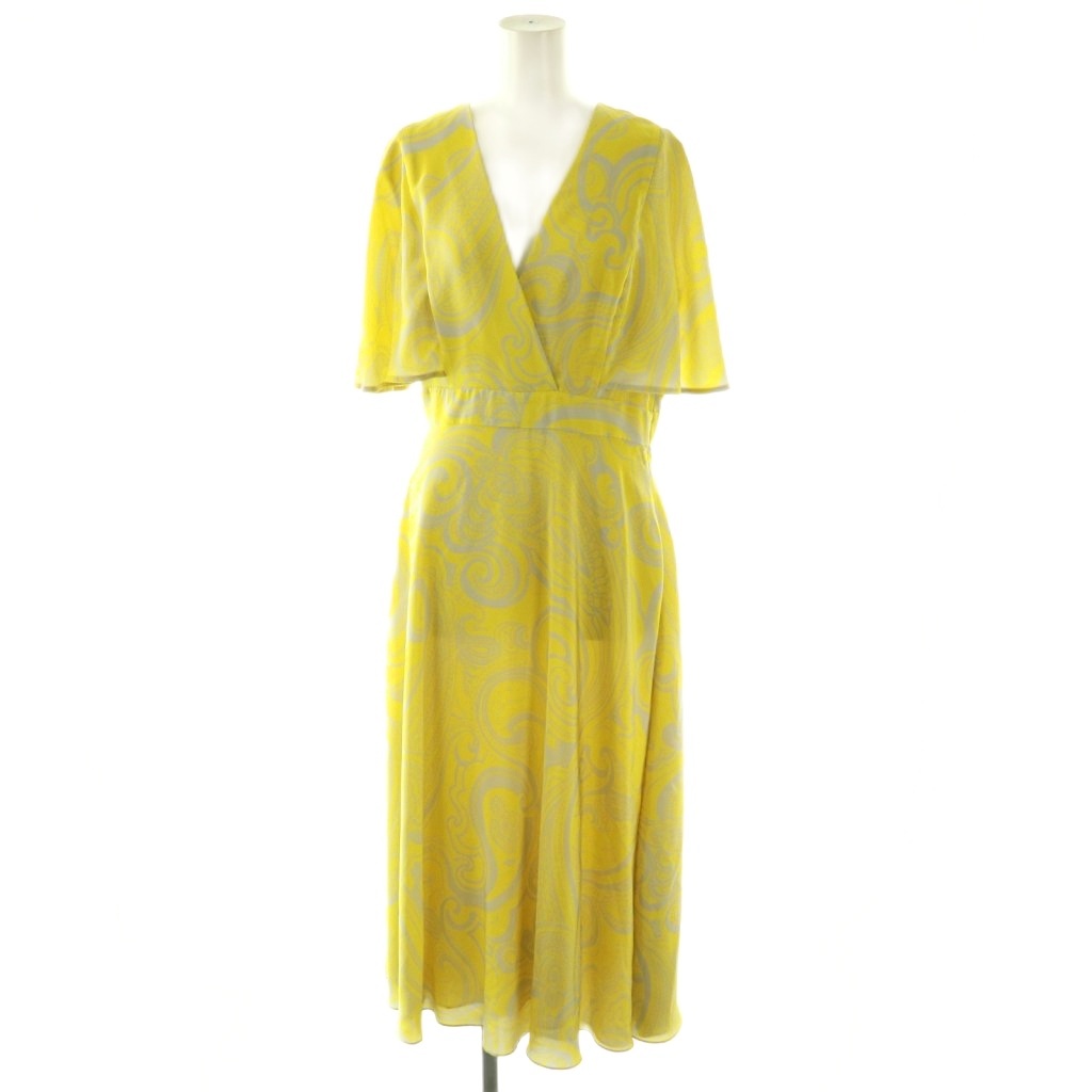 【中古】エスカーダ ESCADA シルクペイズリー柄カシュクールワンピース フレンチ捩り 総柄 36 黄み 薄墨色 /CX ■os ■SH レディース 【ベクター 古着】 260422 レディースファッション-ワンピース