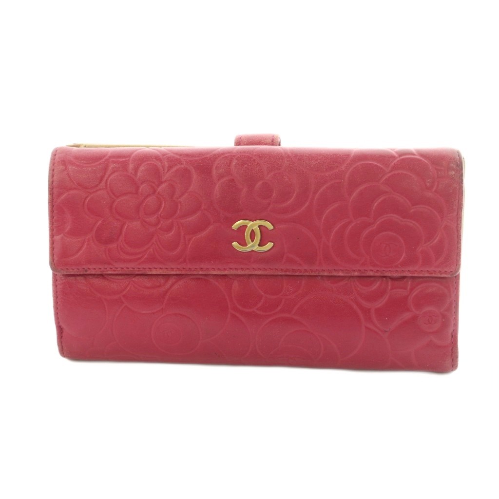 【中古】シャネル CHANEL カメリア W引っ掛かり 長金入れ 二つ折り 子ヒツジなめし革 マゼンタピンク /MI ■os ■OH レディース 【ベクター 古着】 260507