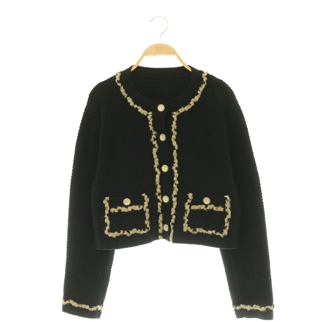 【中古】フォクシー FOXEY 44130 24年 Knit Jacket Bonheur ニットジャケット ノーカラー 40 ブラック ベージュ /ES ■OS レディース 【ベクトル 古着】 260508｜ブランド古着の買取販売ベクトル