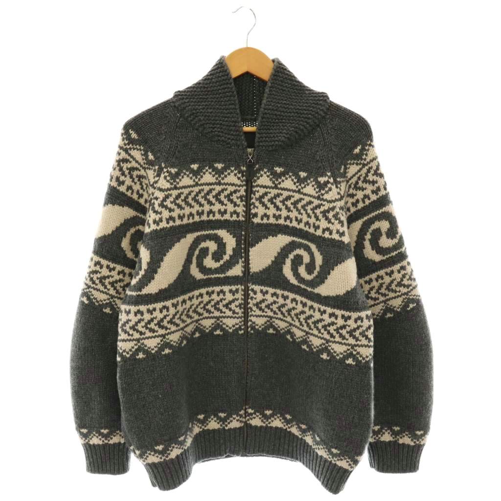 【中古】ロンハーマン Ron Herman RHC JACQUARD COWICHAN KNIT CARDIGAN 編み物ジレー カシミール混 ジップアップ L 濃灰色薄墨色 象牙色 /ES ■os ■AD メンズ 【ベクター 古着】 260511
