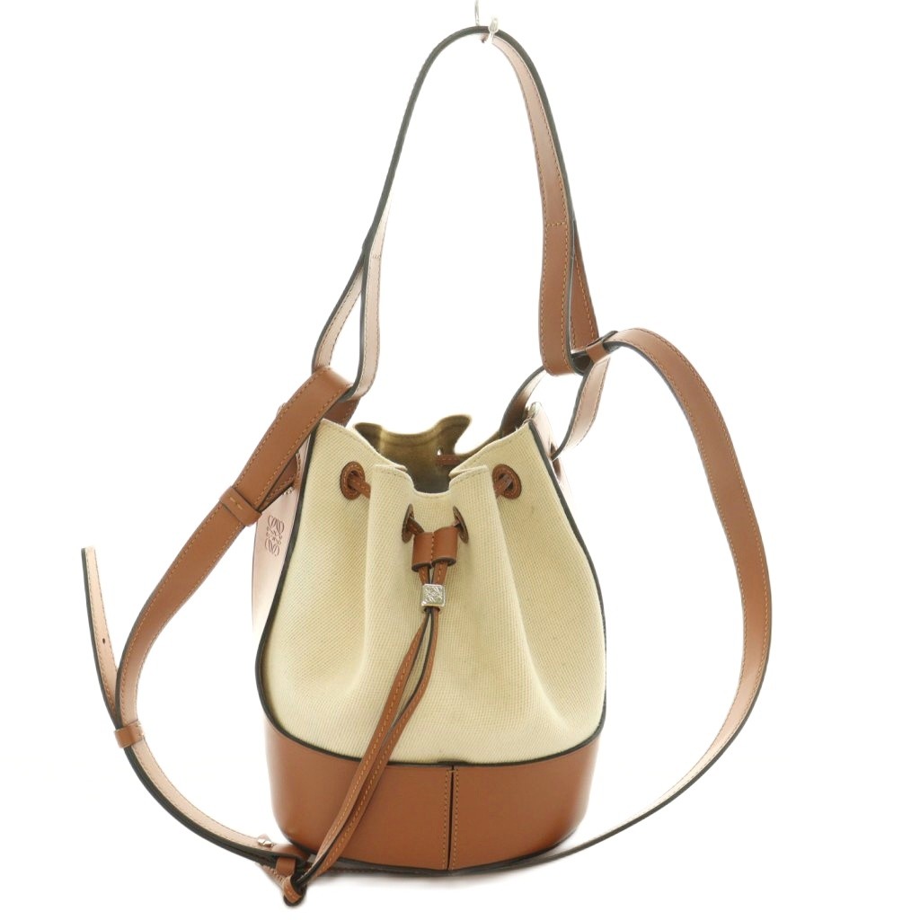 【中古】ロエベ LOEWE Small Balloon Bag スモールバルーンバッグ アナ瓦 ロゴタイプ 合切袋型 お手て 肩肉 帆布 なめし革 うつり変わり ベージュ 茶 赤銅色 /BB ■OH レディース 【ベクター 古着】 260522