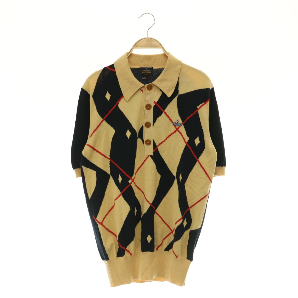 【中古】ヴィヴィアンウエストウッドマン Vivienne Westwood MAN オーブ刺しゅう 半袖 編み物スポーツシャツ 総柄 L ベージュ 米国海軍 /MY ■os メンズ 【ベクター 古着】 260602