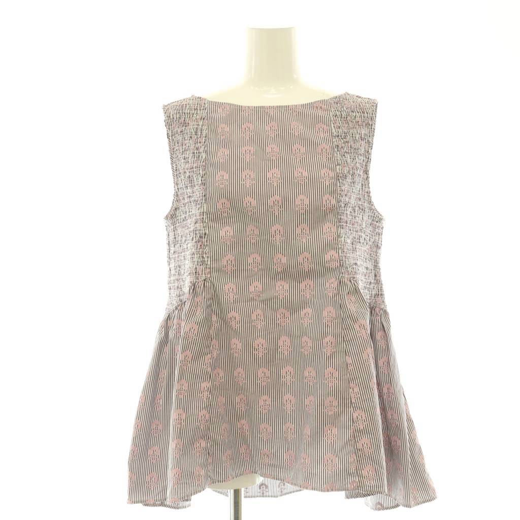 【中古】ヌキテパ NE QUITTEZ PAS! Poplin Fluff Print Sleeveless Top トップ 縞模様 花柄 ペプラム 紫 パープル サクラ色 白 白いこと /CX ■os ■SH レディース 【ベクター 古着】 260601