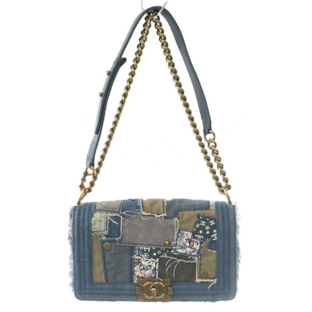 【中古】シャネル CHANEL 男の子シャネル25 デニムチェーンショルダーバッグ パッチワーク ココマーク ロゴタイプ 青 青碧 マルチ色合い /BB ■OH ■SH レディース 【ベクター 古着】 260605