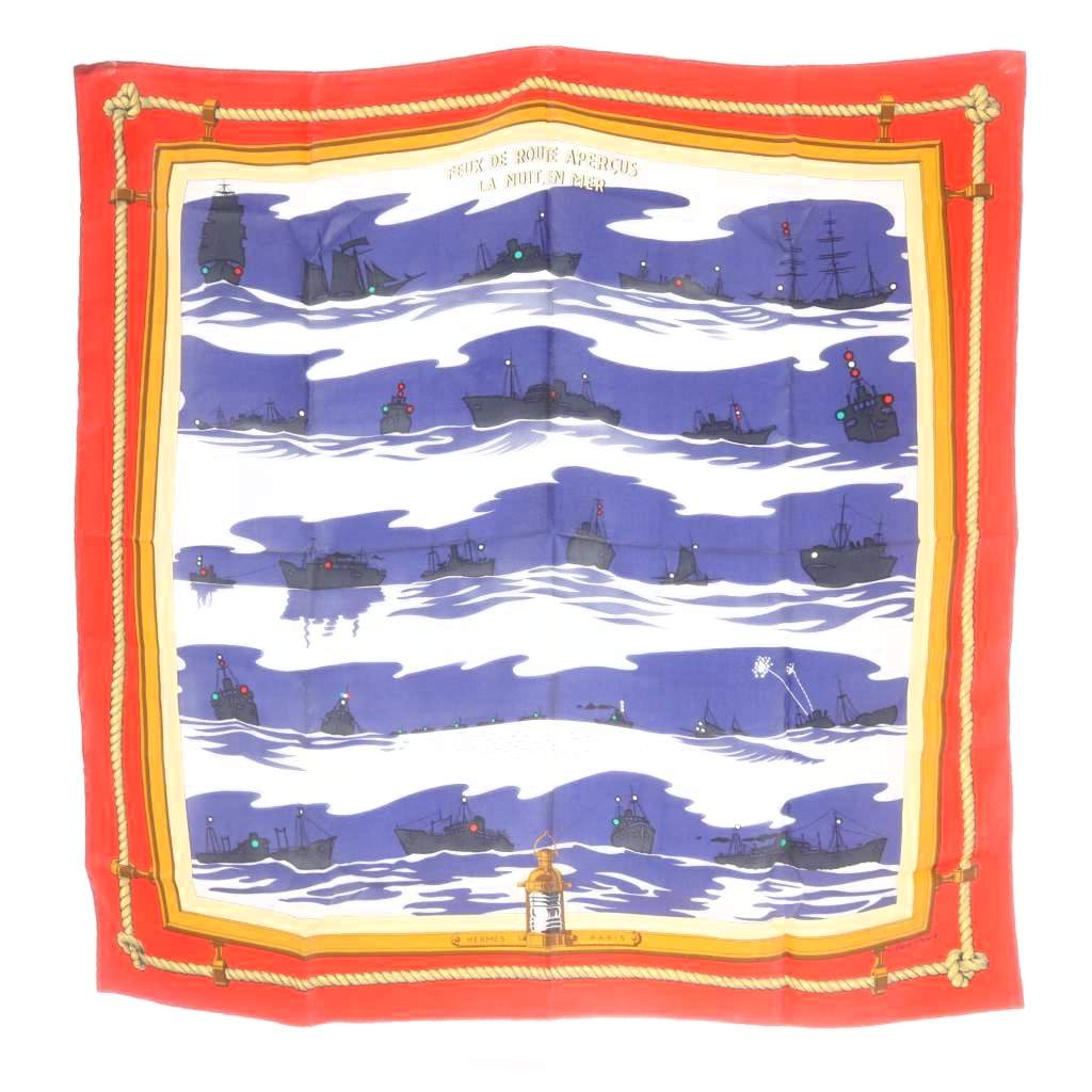 【中古】エルメス HERMES FEUX DE ROUTE APERCUS 天使の都市 NUIT EN MER 夜の海に光る航路灯 えり巻き 赤 赤いこと カレ90 /SR ■OH レディース 【ベクター 古着】 260624