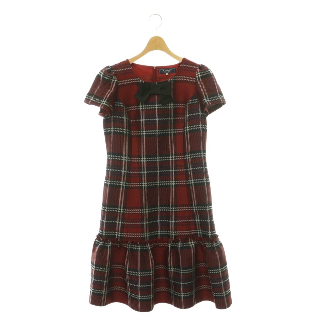 【中古】エムズグレイシー M'S GRACY 24AW ロー切り替えチェックドレス ワンピース 半袖 ミモレ ロング 40 赤 レッド /NR ■OS ■SH レディース 【ベクトル 古着】 260629|ブランド古着の買取販売ベクトル
