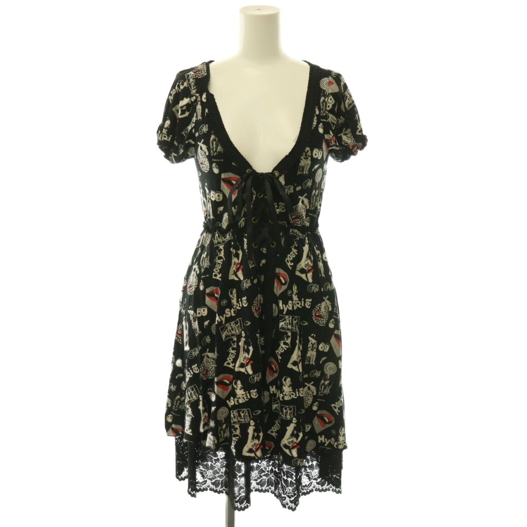 【中古】ヒステリックグラマー HYSTERIC GLAMOUR 総柄 レース ワンピース レースアップ フリル F 黒 ブラック マルチカラー /CX ■OS レディース 【ベクトル 古着】 260708|ブランド古着の買取販売ベクトル